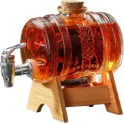 Whiskey Decanter Set Barrel Glass Dispenser with Tap and Wooden Stand Set 1 Litr