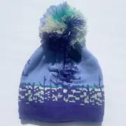 New With Tags Ogloos Youth Winter Beanie Hat With Pompom, Purple, Blue And Green