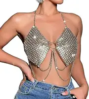 [EeAmzQc] Women Metallic Sparkly Gold Body Chain Bikini Halter Backless Tank Crop Top Bra with Tassel Chains Sexy Disco Rave Outfits, Gold, One Size
