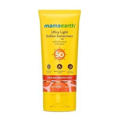 Mamaearth Ultra Light Indian Sunscreen All Skin Types Carrot Seed Spf 50 Pa++80g