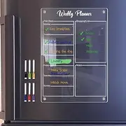 Clear Acrylic Magnetic Dry Erase Board Weekly Planner & to Do List Board 8.27x11.7in Board Fridge Reusable Planner with 6 Color Magnetic Markers Daily Message Organizer Notepad Wall