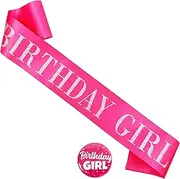 [MGJSRNH] Birthday Girl Sash Badge,Hot Pink Satin With Silver Glitter Letter Sash,Tinplate Badge Pin, Women's Birthday Party Decorations Supplies,16,18,21,30,40,50 or Any Other Bday Party