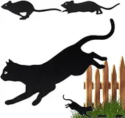 Outdoor Cat Decor,3X Cat Silhouette Stake Statues | Chasing Mice Design Metal Art Decorations for Lawn Yard Patio Path