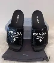 NIB Prada Sequin Logo Paillettes Slide Monolith Plaque Lug Triangle Pool Flat 39
