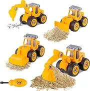 Toy Trucks | Pack of 4 Assembled Engineering Vehicles Toys | DIY Cartoon Dinosaur Excavator, Bulldozer, Ground Drill, Road Roller, Truck Toys | Take Apart Toys Children for Boys 3,4,5,6,7 Year Olds