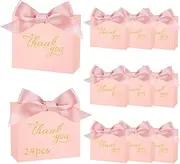 24Pcs Small Thank You Gift Bags, SHAIDOJIO Mini Pink Gift Bag with Bow Ribbon, Paper Party Favor Bags, Tiny Candy Gift Boxes Bulk for Wedding, Birthday, Bridal Shower, Baby Shower (4.5x1.8x4 Inch)