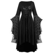 Halloween Costumes Women'S Large Size Sleeve Skull Lace Print Fashion Long Sleeve Bandage Retro Long Dress Black 2XL