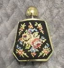 Vtg German Mini Perfume Bottle Goldtone Metal Floral Needle Petit Point w/Dauber
