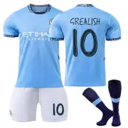 Beakey Manchester City Home UEFA GREALISH #10 Soccer Jersey for Kids Adult 3 Pcs Outfits