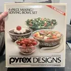 set of 4 PYREX Clear Mixing Serving Bowls WHITE LACE Glass Nesting ~ NOS 450-158
