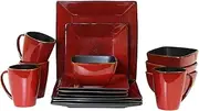[Elama] Stoneware Square Dinnerware Dish Set, 16 Piece, Solid Red