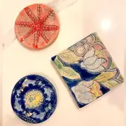 Set of three handmade coasters beach coastal sand dollar cup holders ceramic mug
