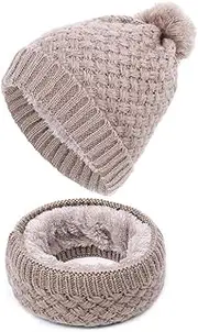 [YUN MENG] Knit Hat+Bib Plus Velvet Unisex Any Size Head Comfortably (Color : Khaki, Size : 55-60cm)
