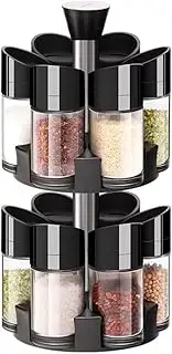 HOME ESSENCE: Rotating 2 Tier Spice Jar (12 Pcs Jar), Revolving Kitchen Storage Container for Salt, Pepper, Garlic, Herbs and Spices, Black, Spinning Spice Rack For Shelves and Countertop.