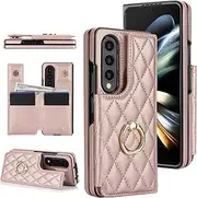 [XIMAND] for Samsung Galaxy Z Fold 4 Wallet Case with Ring and Credit Card Holder, Cash Slot, Premium Diamond Leather Magnetic Clasp Kickstand Heavy Duty Protective Cover.(Rosegold)