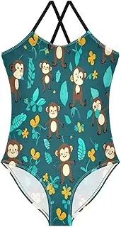 [RPLIFE] Cute Monkey Green Bathing Suit Girls, Beach Bathing Suit, 3-10T Girls Athletic Swimsuit