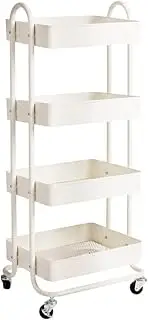 Levede 4 Tiers Kitchen Trolley Cart Steel Storage Rack Shelf Organiser White, Metal Utility Cart, 4-Tier Kitchen Trolley with 4 Wheels, Rolling Storage Cart Trolley for Kitchen Storage & Organisation