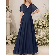 A-Line Wedding Guest Dresses Elegant Dress Formal Wedding Guest Floor Length Short Sleeve V Neck Fall Wedding Guest Chiffon with Ruched 2025