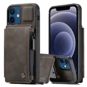 For Apple iPhone 12 CaseMe Back Zipper Wallet Case W/ 3 Card Slots, RFID Blocking, 1 Money Pocket, Credit Card Holder Leather Cover (Brown)