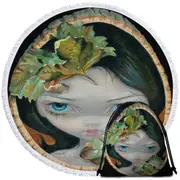 Wood Sprite with Leaves Painted on Wooden Log Round Beach Towel