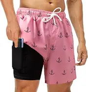 [Bobiano] Mens Swim Trunks with Compression Liner 2 in 1 Quick Dry Bathing Suit Swim Shorts Boxer Brief Liner