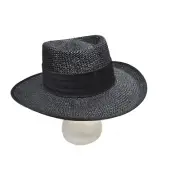 PRESTON OF YORK Black Straw Boater Hat 1980s Women’s Church Sun Shade Mob Wife