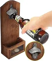 RRMMAN Wall Mounted Bottle Openers,Vintage Wooden Beer Bottle Opener,Wall Mounted Bottle Opener with Cap Catcher Bottle Opener with Cap Catcher，GIve Bar Gifts for Beer Lovers