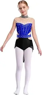 [Linjinx] Kids Girls Shiny Rhinestone Sleeveless Mesh Patchwork Skirted Leotard Lyrical Ballet Dance Competition Dancewear