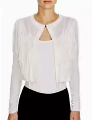 Elie Tahari Mikah Merino Fringe Trim Crop Sweater Antique White NWT $328