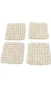 4” Set 4 Handmade White Felt Balls Coaster Trivet Square Wool Pom Pom Nepal T1