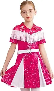 [Moggemol] Kids Girls Western Cowgirl Outfit Tassels Fringe Shiny Sequins Pleated Dress Halloween Party Dress Up
