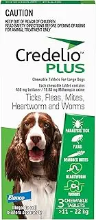 Credelio Plus Dog Flea and Tick Treatment, Three Pack, Ticks, Fleas, Mites, Heartworm & Worms Parasite Protection, in The Smallest Monthly Chewable Tablet for Dogs > 11-22 kg, 3 Pack