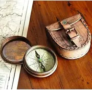 Compass Antique Brass Finish with Leather Case Green Pivot 'The Road Not Taken' Engraved | Vintage Nautical Pocket Compass for Travel, Hiking, Camping, Gifts & Collectors 3" Maritime Navigation Tool