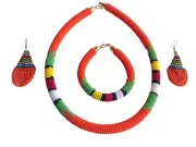Set of Earrings Bracelet Choker Hand-Crafted Ethnic African Masai Jewelry Orange