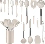 [E-far] 14 Pieces Silicone Cooking Utensils Set, Kitchen Utensils Set with Holder, Spatula, Ladle, Spoon, Tong, Slotted Turner for Nonstick Cookware, 446°F Heat Resistant & Stainless Steel Handle, Khaki
