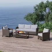 RoyalCraft Outdoor Patio Furniture Set, 4 Piece Outdoor Rattan Sofa Set, All Weather Wicker Conversation Set with Coffee Table for Porch Backyard Garden, Grey