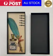 Vintage Style Calligraphy Feather Quill Pen Metal 5 Nib Dip Pen Set Holder & Btl
