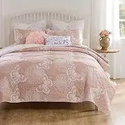 Greenland Home Fashions Mariposa Blossom and Butterfly Reversible Matelassé Coverlet Set, 3-Piece Full/Queen, Pink