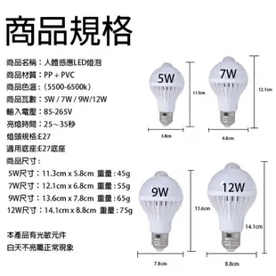 【9%點數】人體感應LED燈泡 現貨 當天出貨 E27 自動感應 紅外線 緊急照明 5W 7W 9W 12W【coni shop】【限定樂天APP下單】