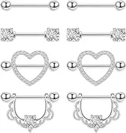 [YOVORO] 4Pairs 14G G23 Titanium Nipple Rings for Women Heart Flower CZ Barbell Nipplerings Hypoallergenic Cute Nipple Piercing Jewelry