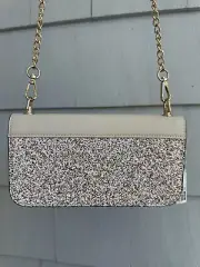 Aldo Evening Bag Beige with Sparkles and Gold Accents and Chain, Zip Closure