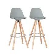 2 PU Leather Padded Barstools (Light Grey/Wood) with Metal Footrest