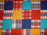 Vtg 70s Cotton Fabric Faux Patchwork Turquoise Red Orange 44x3 yds