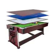 TOPONE 7FT 4-IN-1 Multi-Functional Convertible Table / Pool Table - Walnut Frame - Green Felt