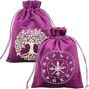 CREATCABIN 2Pcs Tarot Bags Velvet Bags with Drawstrings Tarot Cards Pouches Tarot Deck Storage Holder Black Purple The Zodiac Tree of Life Wrap Bags for Jewelry Crystals Altar Rune Gift 5x6Inch
