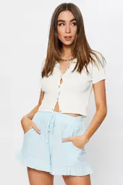 Blue High Waist Linen Blend Elastic Waist Frill Hem Short - Size 8, Women's Hw Short