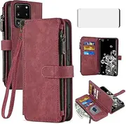 [Asuwish] Phone Case for Samsung Galaxy S20 Ultra 5G Wallet Cover with Tempered Glass Screen Protector Leather Flip Credit Card Holder Cell Accessories S20ultra 20S S 20 A20 S2O 20ultra G5 Women Men Red
