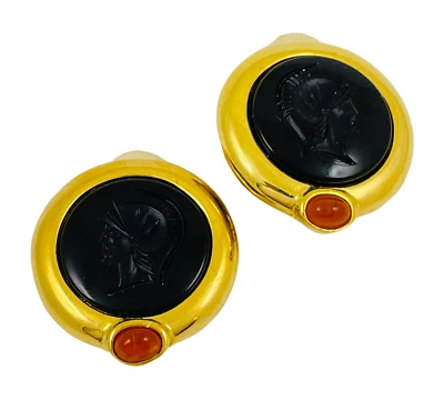 Vintage black intaglio glass Roman Centurion designer runway clip on earrings