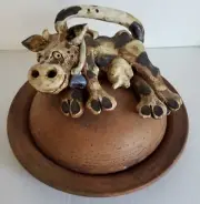 Vintage Studio Pottery Hand Thrown Stoneware Cow Cheese Dome Plate w/Lid