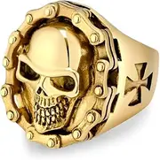 [Raymard] Stainless Steel Skull Ring for Men, Punk Biker Chain Style Skeleton Men's Ring, Size 7-12